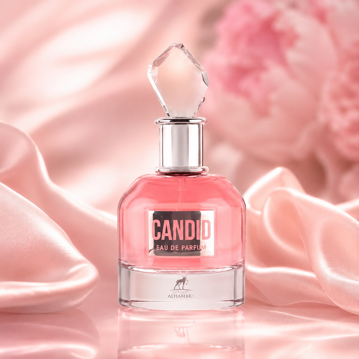 Sticlă parfum Candid Maison Alhambra 100 ml roz, pe fundal satinat premium