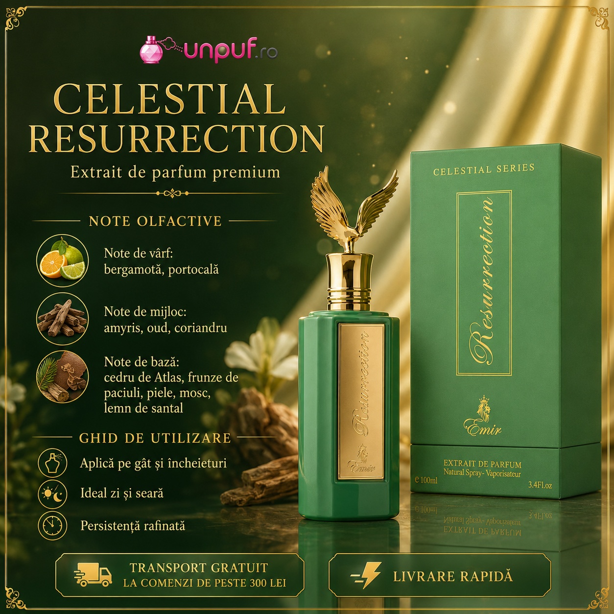 Celestial Resurrection Emir extrait de parfum premium cu note de bergamotă, portocală, amyris, oud, coriandru, cedru de Atlas, frunze de paciuli, piele, mosc și lemn de santal