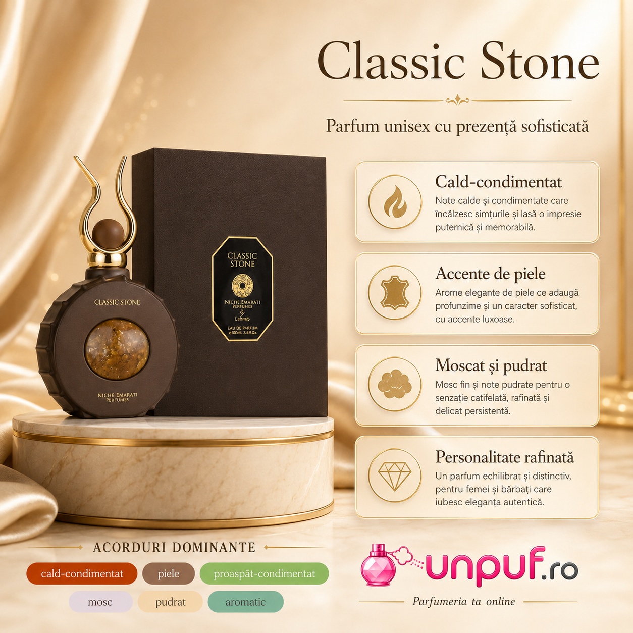 Prezentare parfum Classic Stone Lattafa cu acorduri cald condimentate, piele, mosc, pudrat și aromatic