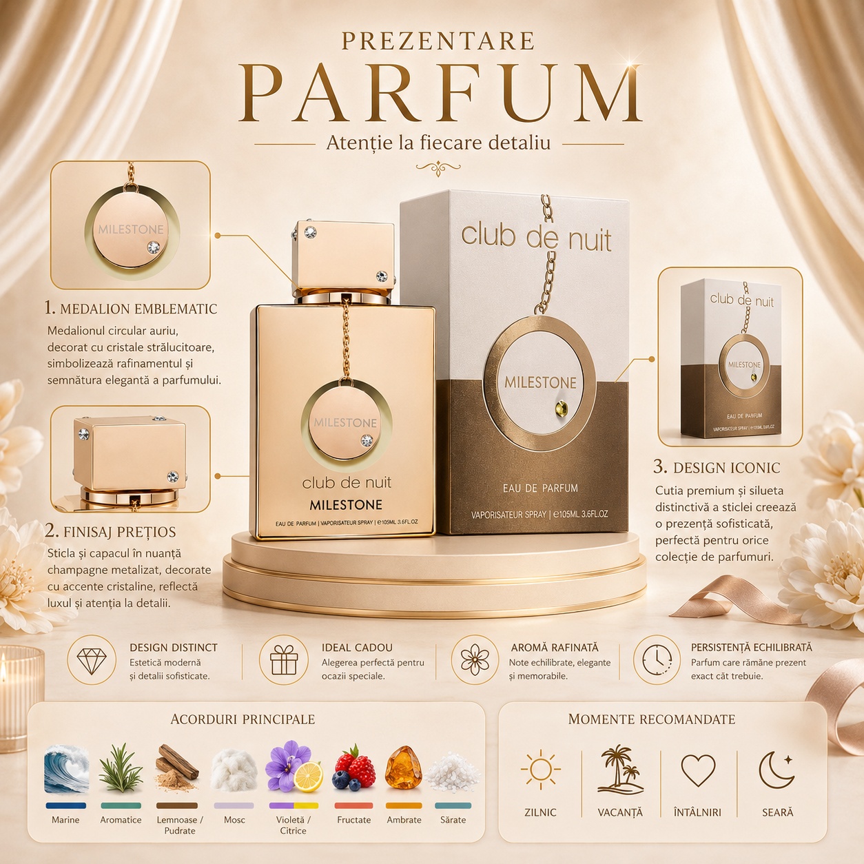 Prezentare Club De Nuit Milestone Armaf cu medalion emblematic, finisaj prețios, design iconic, aromă rafinată și persistență echilibrată