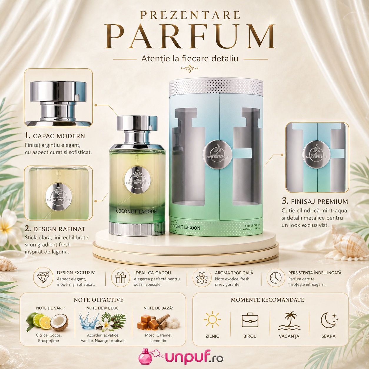 Prezentare parfum Coconut Lagoon cu detalii despre design, note olfactive și momente recomandate