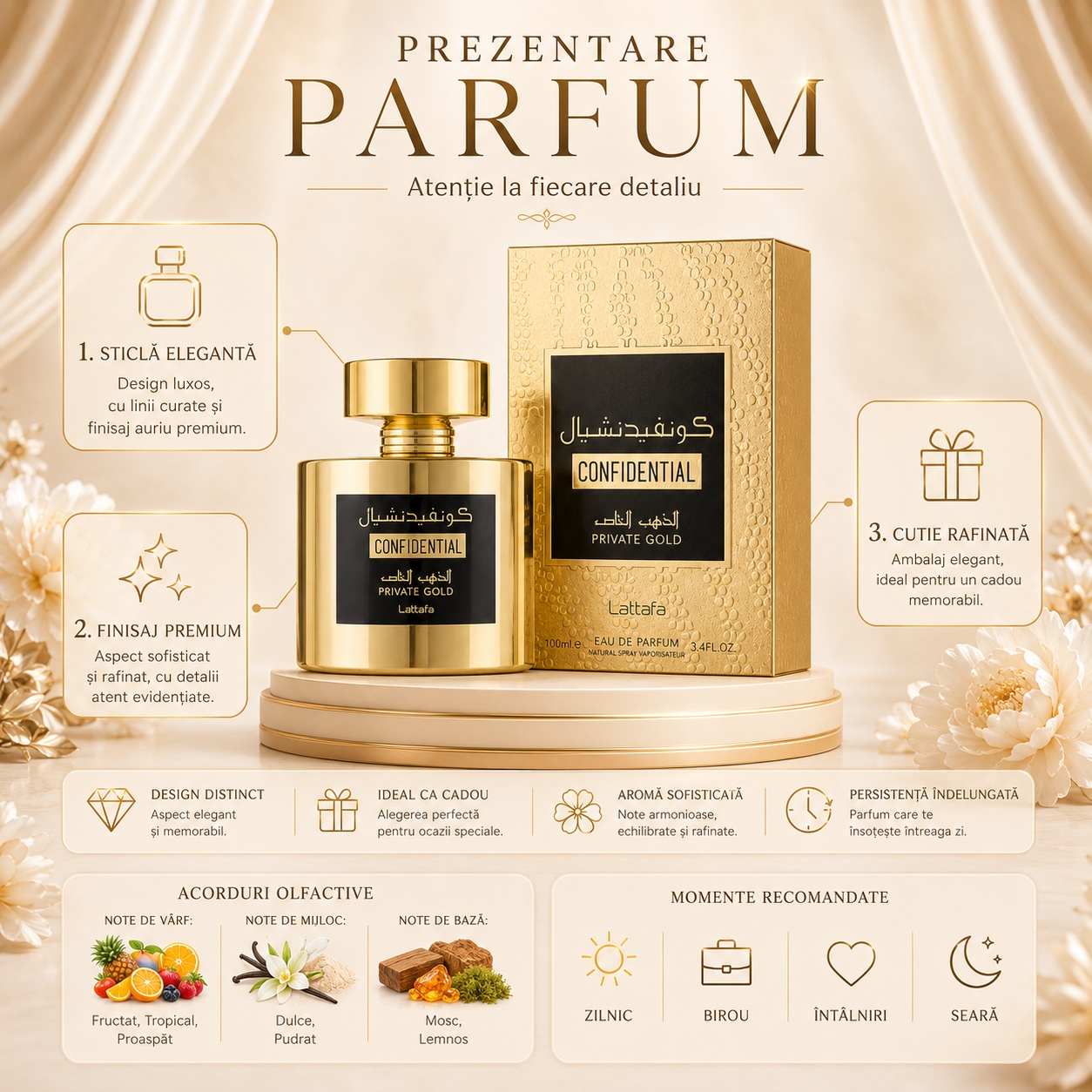 Prezentare parfum Confidential Private Gold Lattafa cu sticlă aurie, cutie texturată și detalii premium