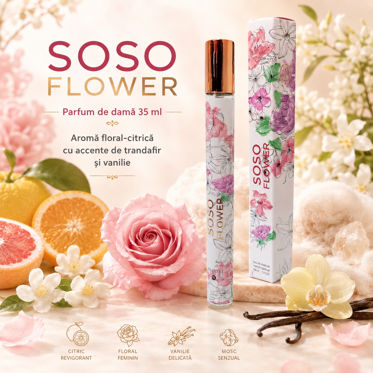 Soso Flower V.V. Love parfum damă 35 ml aromă floral citrică cu trandafir vanilie mosc și paciuli