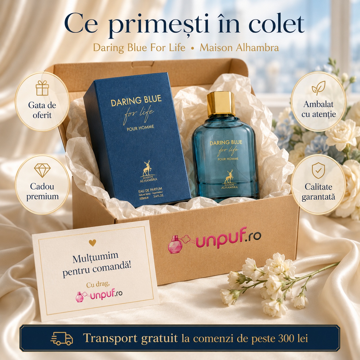 Colet parfum Daring Blue For Life Maison Alhambra ambalat cu atenție, gata de oferit cadou premium