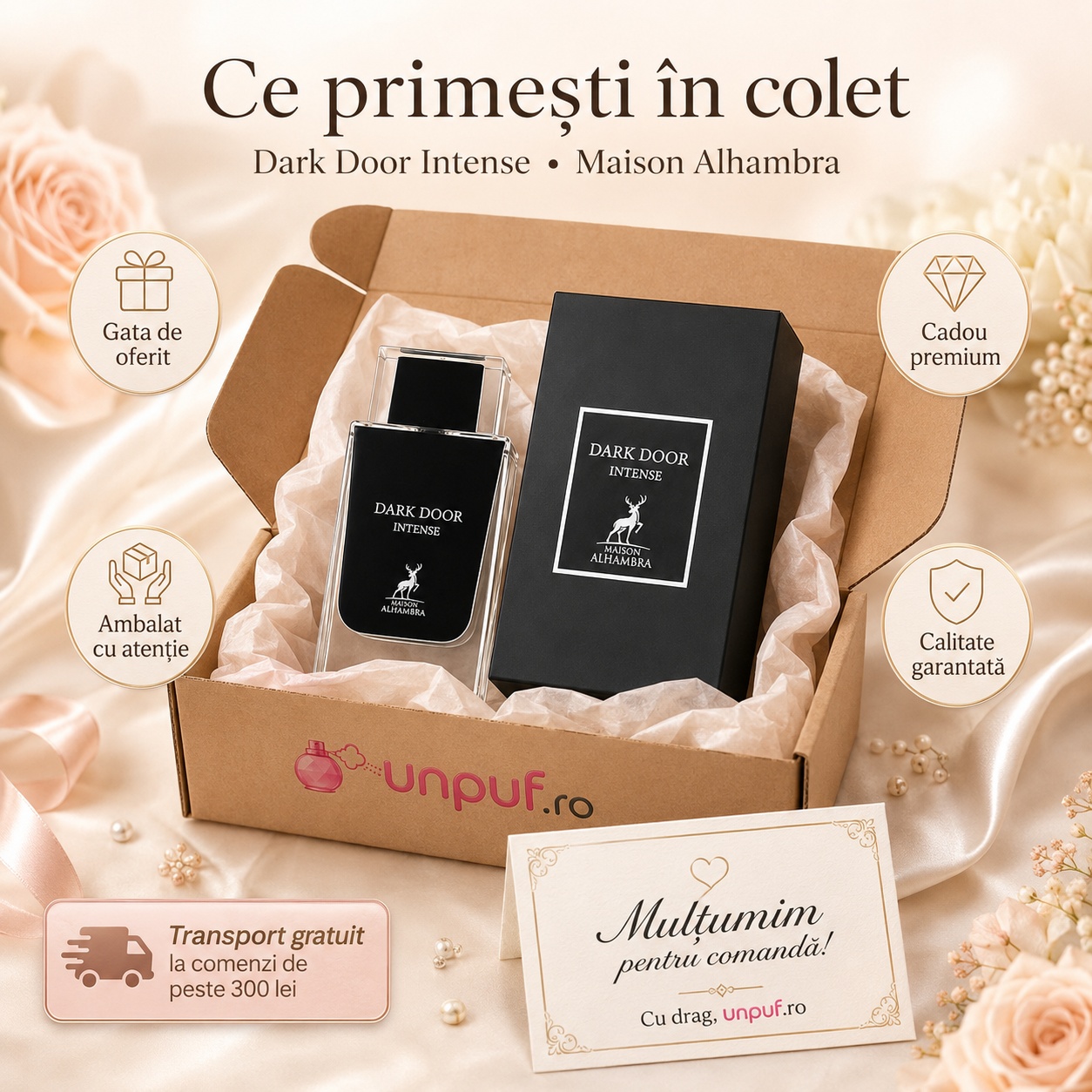 Colet parfum Dark Door Intense Maison Alhambra ambalat cu atenție, cadou premium, transport gratuit și card de mulțumire unpuf.ro