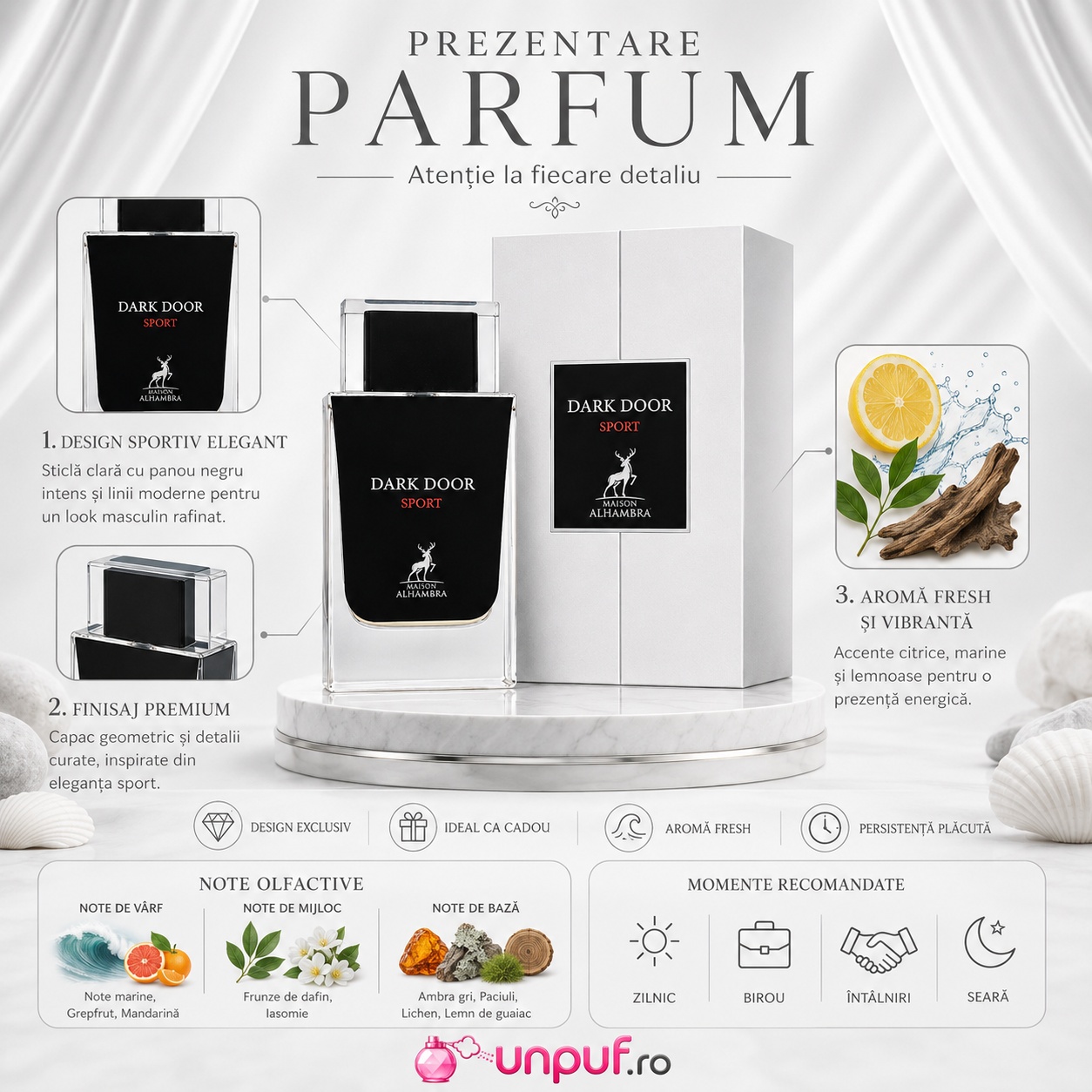 Prezentare parfum Dark Door Sport Maison Alhambra cu sticlă elegantă, capac modern și ambalaj premium