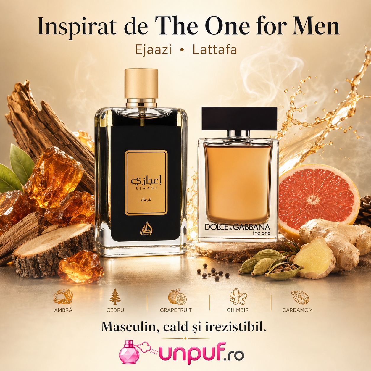 Ejaazi Lattafa inspirat din The One for Men, parfum masculin cald și irezistibil cu ambră, cedru, grapefruit, ghimbir și cardamom