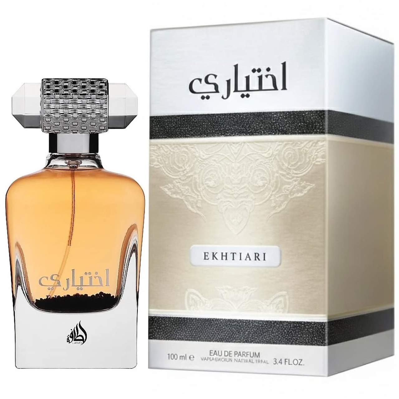 Cutie originală Ekhtiari Lattafa 100 ml și flacon parfum arabesc damă