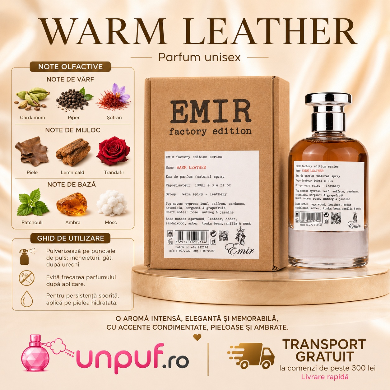 Emir Warm Leather Factory Edition ghid de utilizare cu note de cardamom, piper, șofran, piele, lemn cald, trandafir, patchouli, ambră și mosc