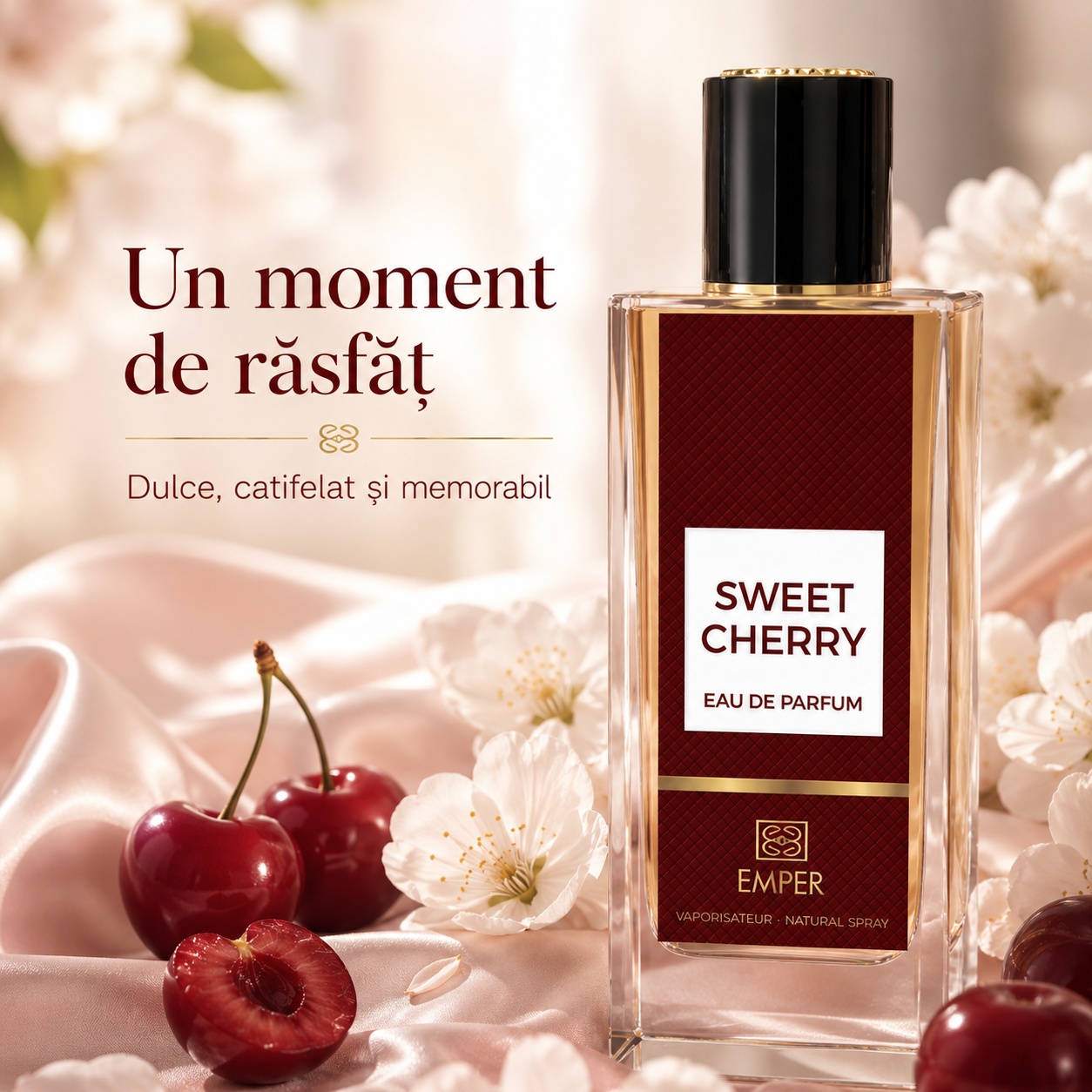 Sweet Cherry Emper parfum dulce catifelat și memorabil cu note de cireșe pe fundal romantic