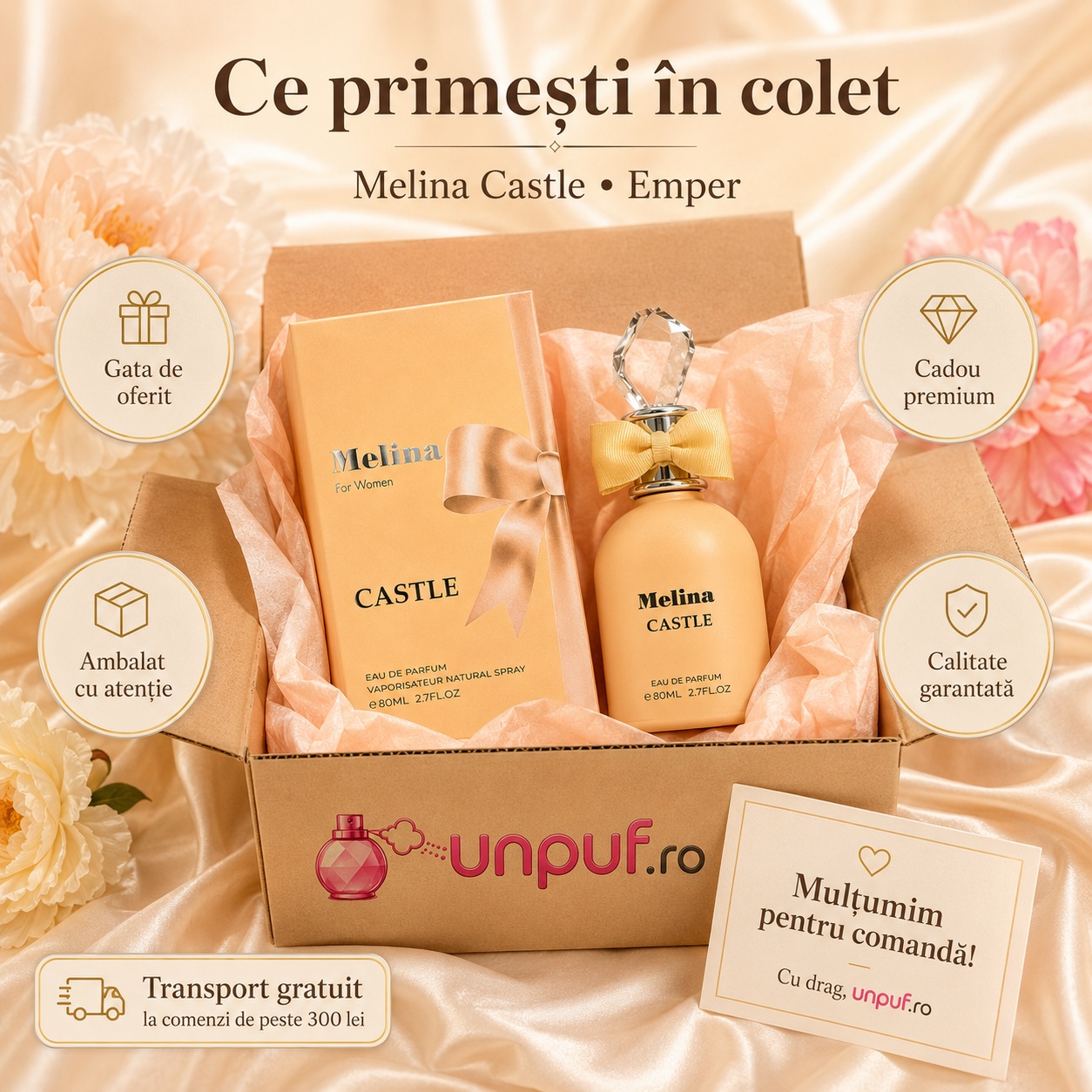 Colet parfum Emper Melina Castle ambalat cu atenție, gata de oferit cadou premium cu brand unpuf.ro
