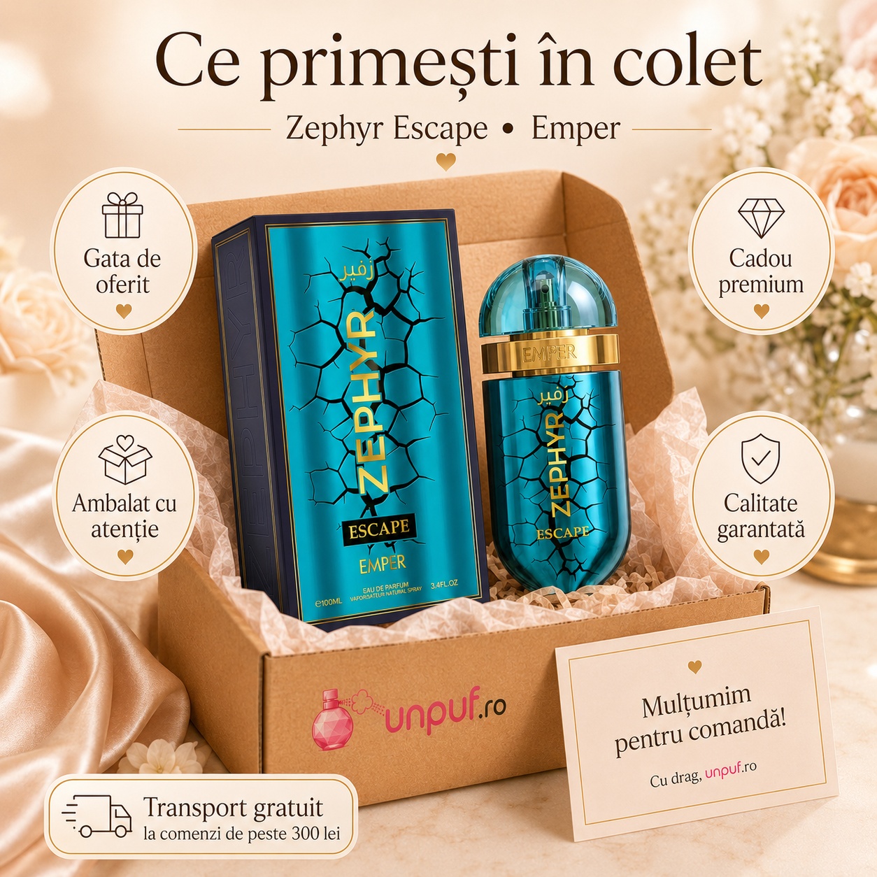 Colet parfum Emper Zephyr Escape ambalat cu atenție, gata de oferit cadou premium cu brand unpuf.ro