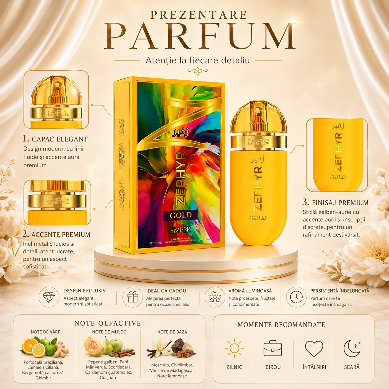 Prezentare parfum Zephyr Gold Emper cu detalii premium, capac elegant, finisaj galben auriu și note olfactive