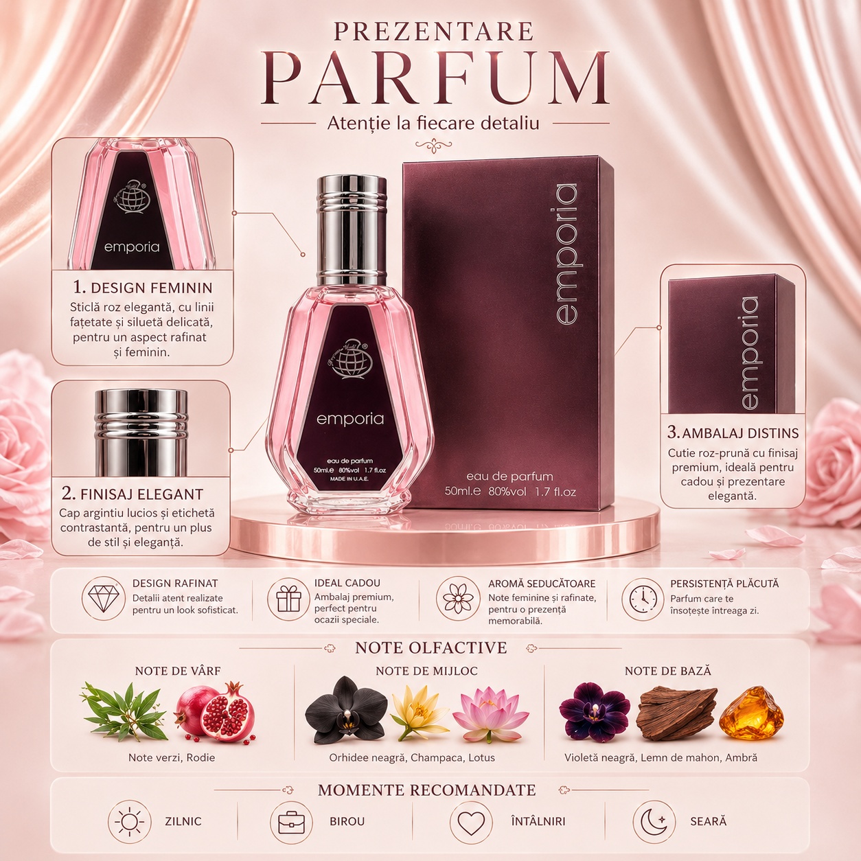 Prezentare Emporia cu design feminin, finisaj elegant, ambalaj distins, aromă seducătoare și note verzi, rodie, orhidee neagră, champaca, lotus, violetă neagră, lemn de mahon și ambră