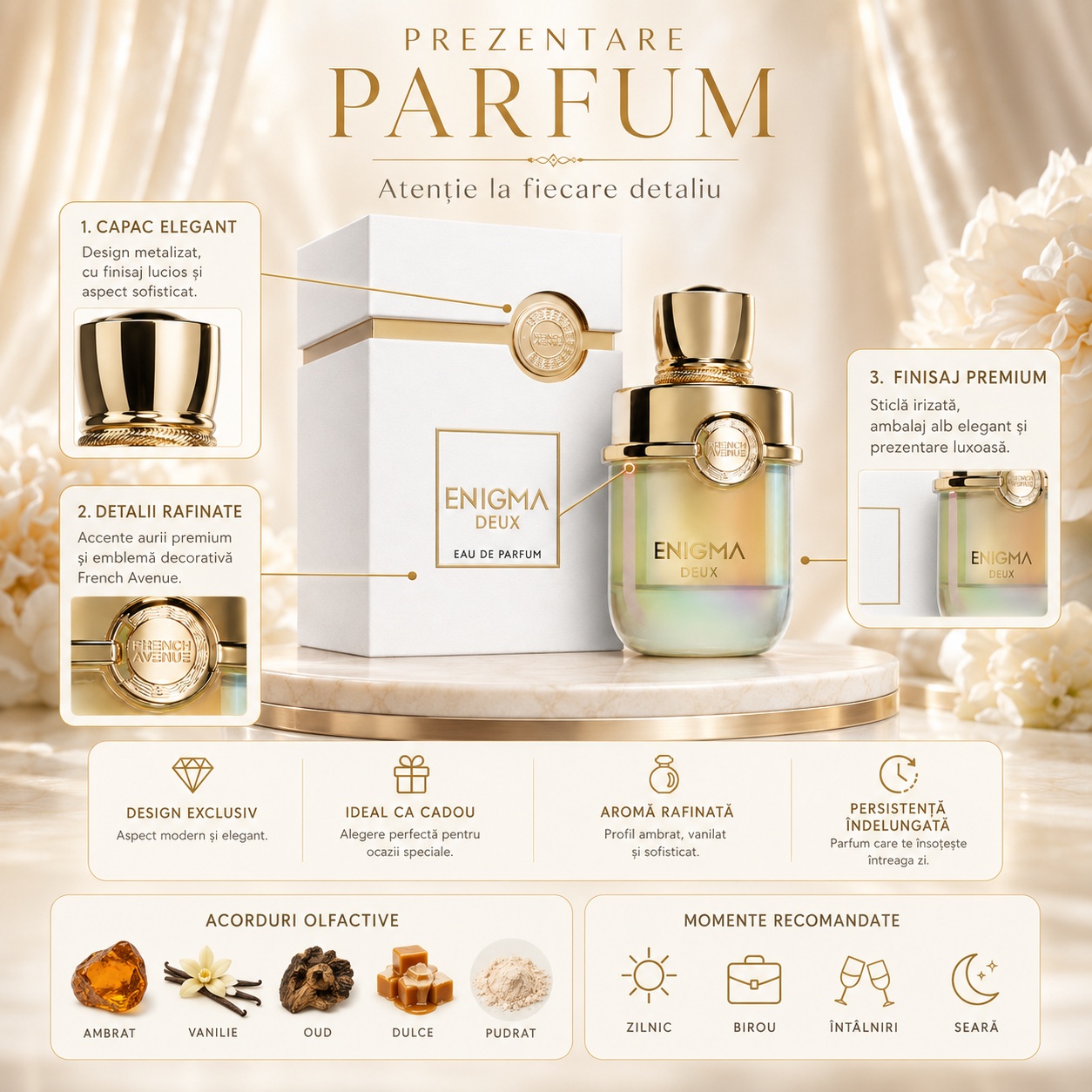 Prezentare parfum Enigma Deux French Avenue cu capac elegant, detalii aurii, finisaj premium și acorduri olfactive ambrate, vanilate, oud, dulci și pudrate
