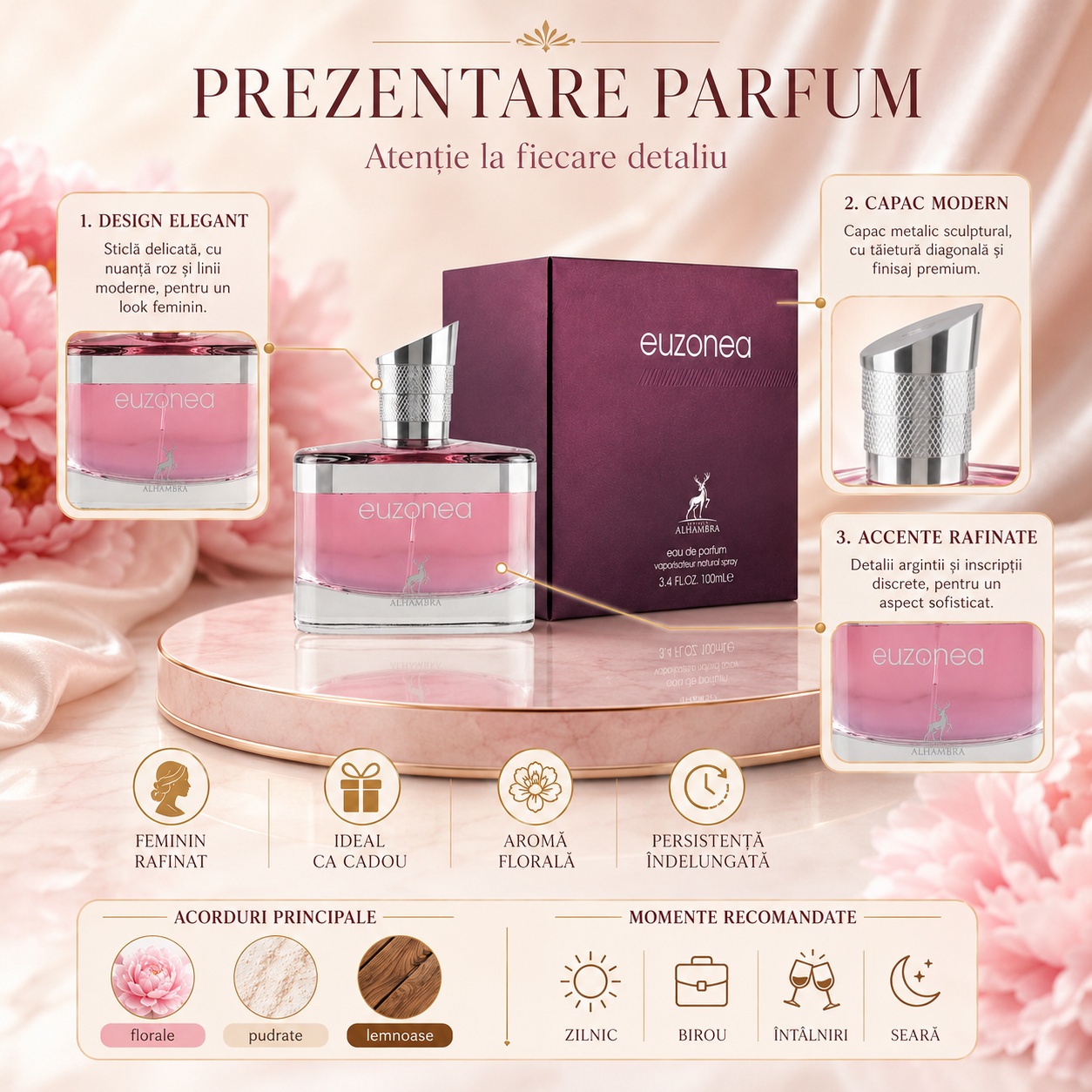 Prezentare parfum Euzonea Maison Alhambra cu design elegant, capac modern, accente rafinate și acorduri florale pudrate lemnoase