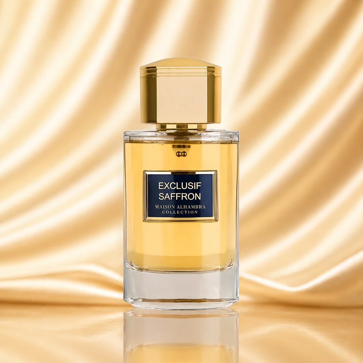 Sticlă parfum Exclusif Saffron Maison Alhambra 100 ml pe fundal satinat premium