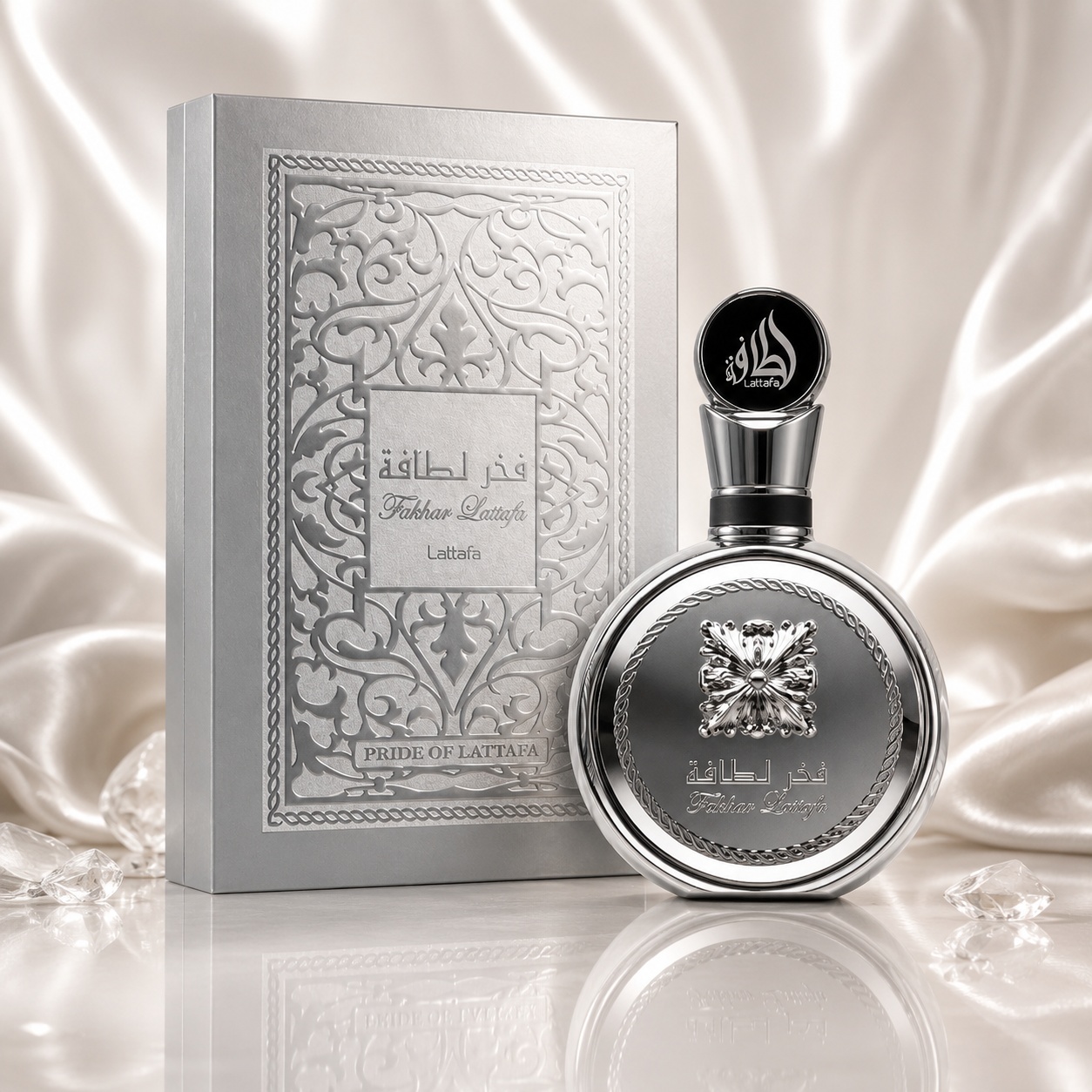 Parfum Arăbesc Fakhar Platin Lattafa Pride 100 ml bărbat cu flacon argintiu platinat și cutie premium argintie