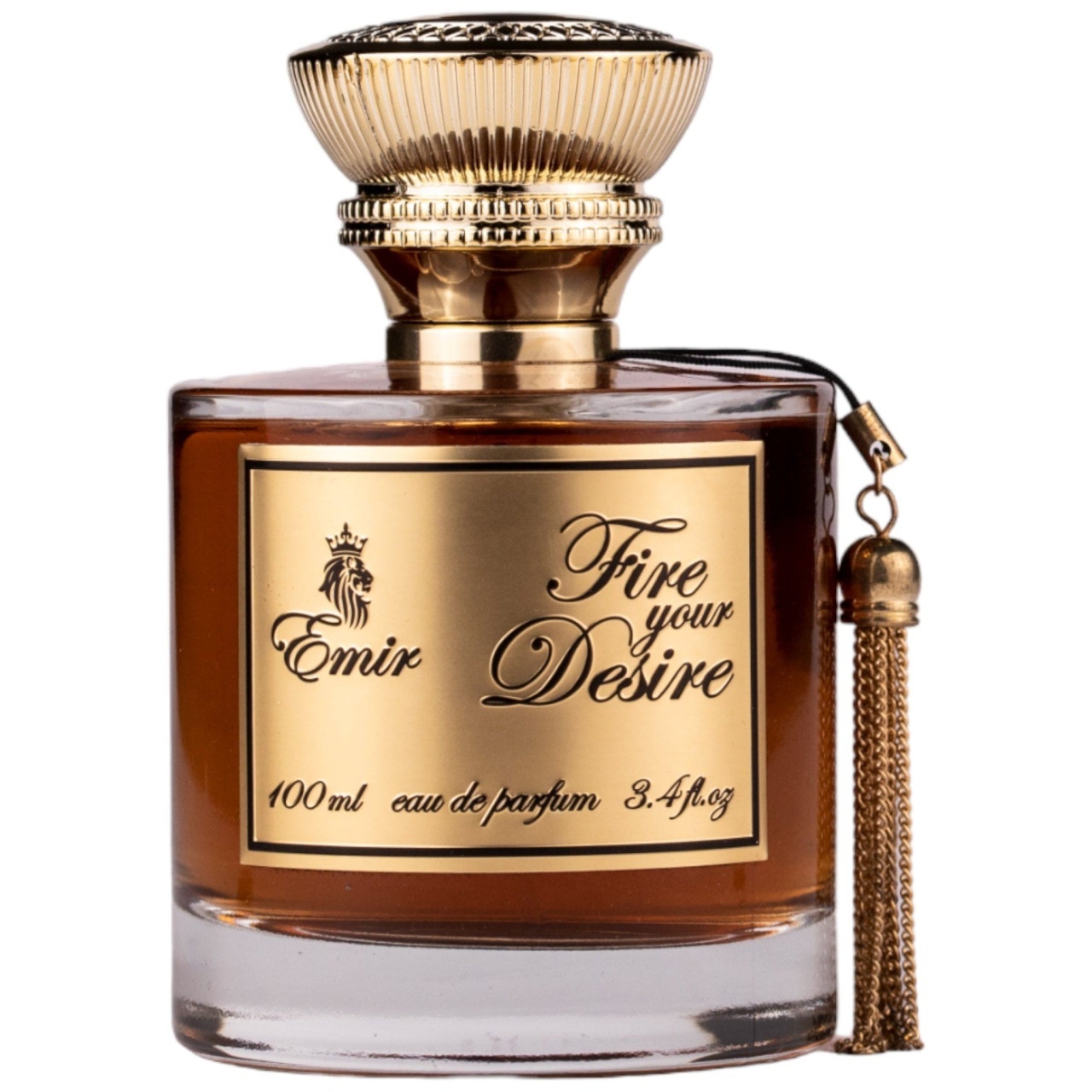 Flacon original Fire Your Desire Emir 100 ml cu lichid ambrat, etichetă aurie, capac auriu și ciucure decorativ