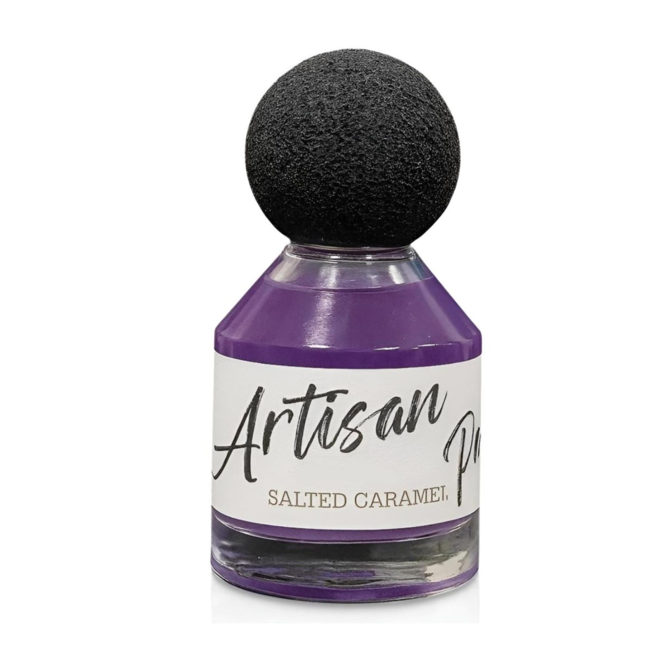 Flacon original Artisan Perfumery Salted Caramel Fragrance World 80 ml parfum unisex cu lichid mov violet și capac negru texturat