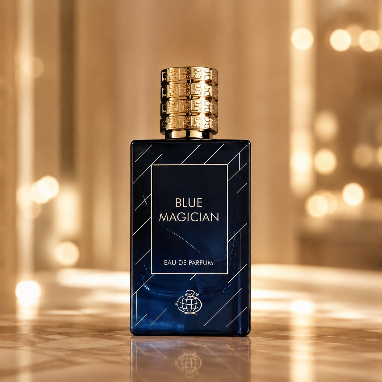 Flacon Blue Magician Fragrance World 100 ml Apă de Parfum cu design albastru și capac auriu