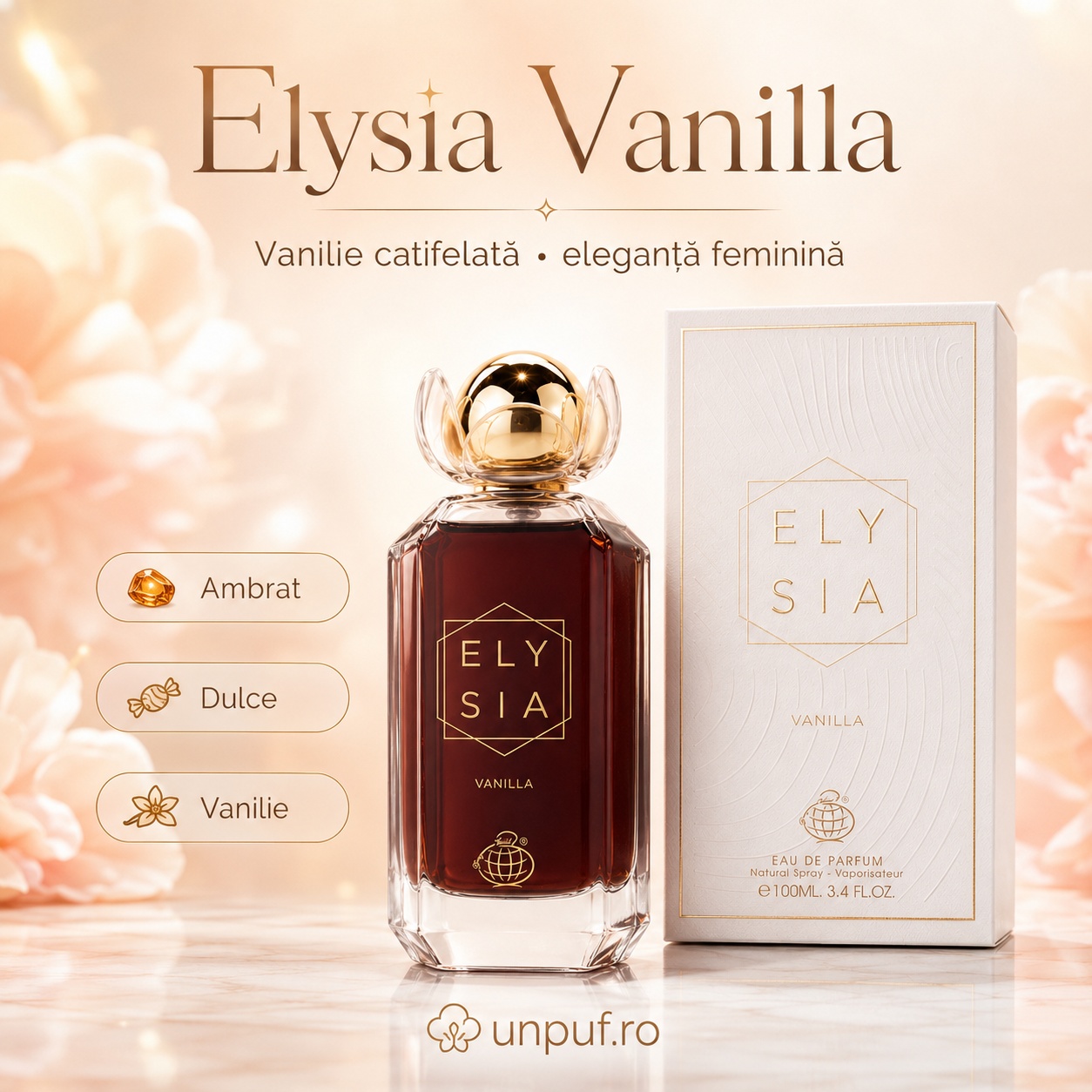 Elysia Vanilla parfum cu vanilie catifelată și eleganță feminină acorduri ambrat dulce vanilie
