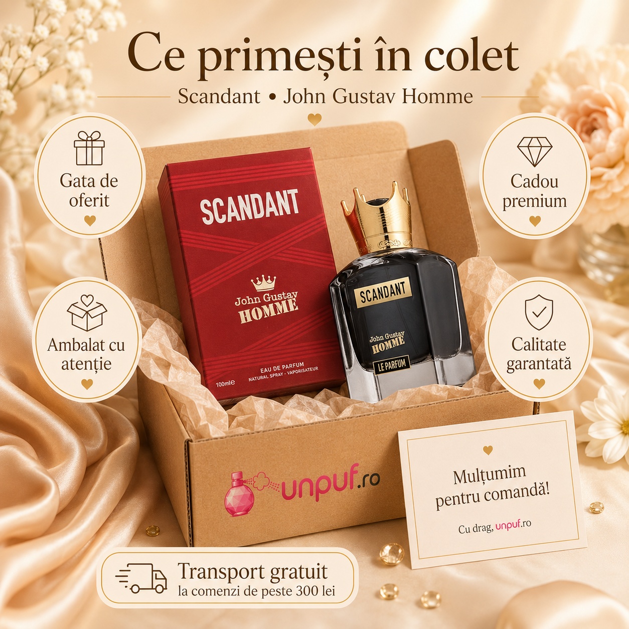 Ce primești în colet John Gustav Homme Scandant parfum 100 ml ambalat cu atenție și pregătit pentru cadou