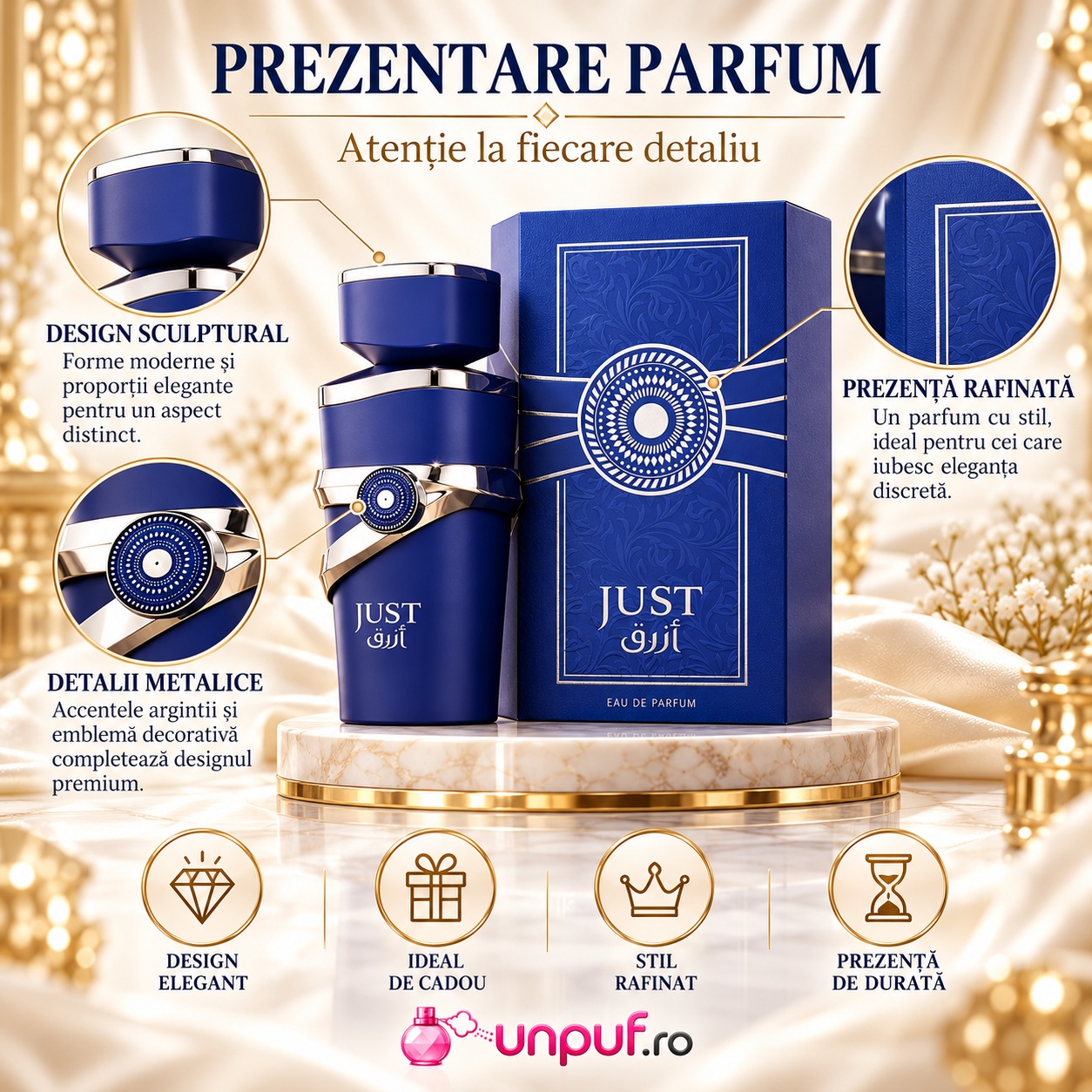Prezentare Fragrance World Just Azraq parfum bărbați cu detalii despre flacon albastru cutie premium și design elegant
