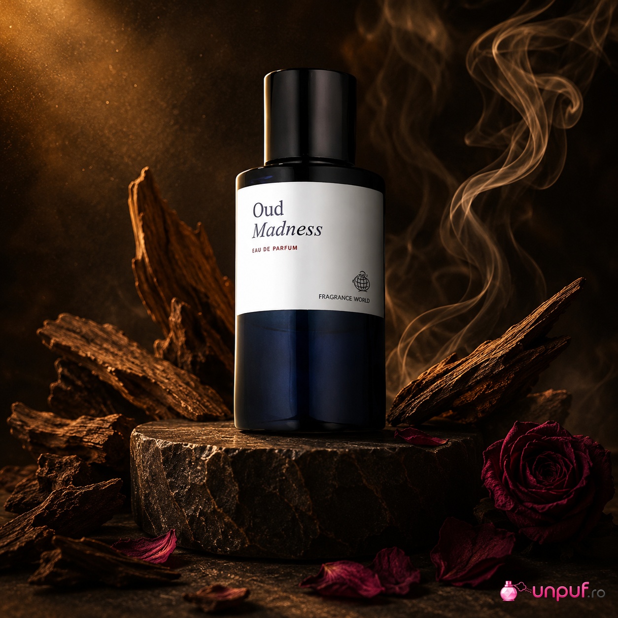 Fragrance World Oud Madness parfum smoky oud cu lemn, trandafir și note orientale persistente