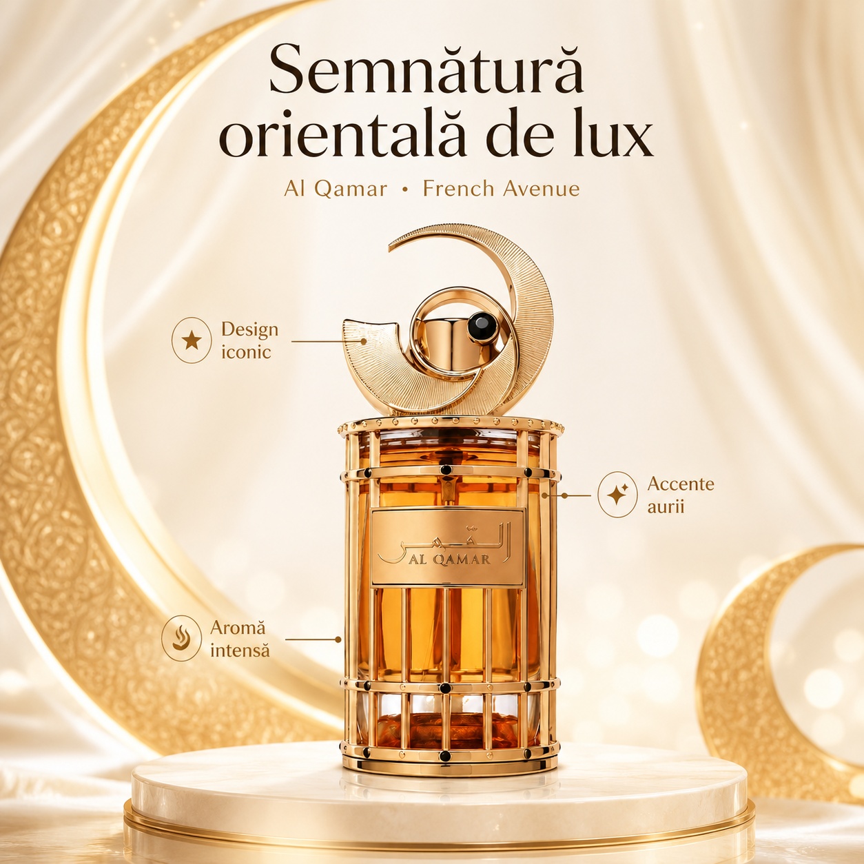 Sticlă parfum French Avenue Al Qamar 100 ml cu design auriu oriental și capac semilună