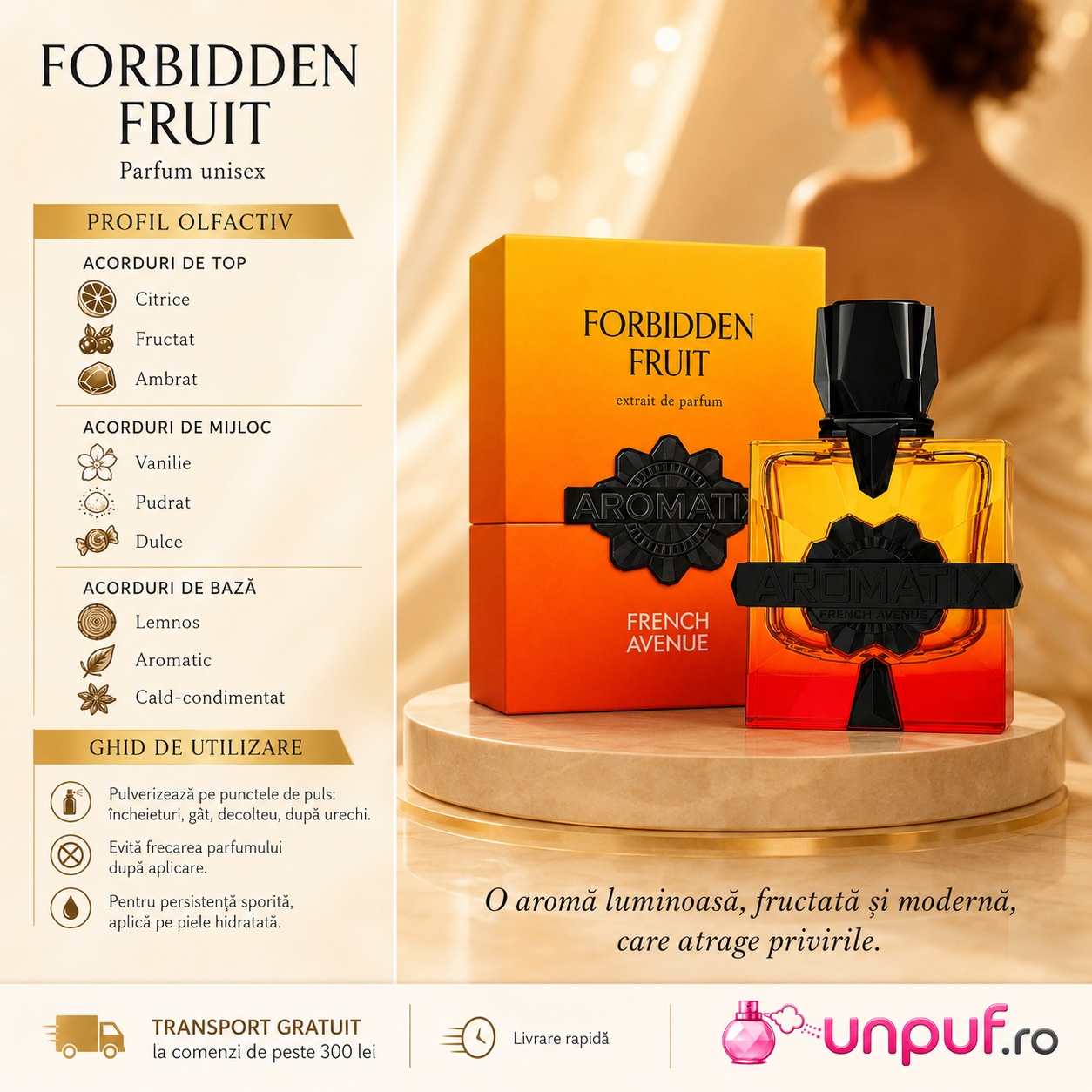 Profil olfactiv Aromatix Forbidden Fruit citric fructat ambrat vanilat dulce pudrat lemnos aromat