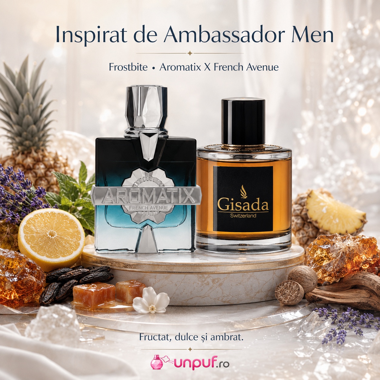 Parfum French Avenue Aromatix Frostbite inspirat de Ambassador Men, fructat, dulce și ambrat