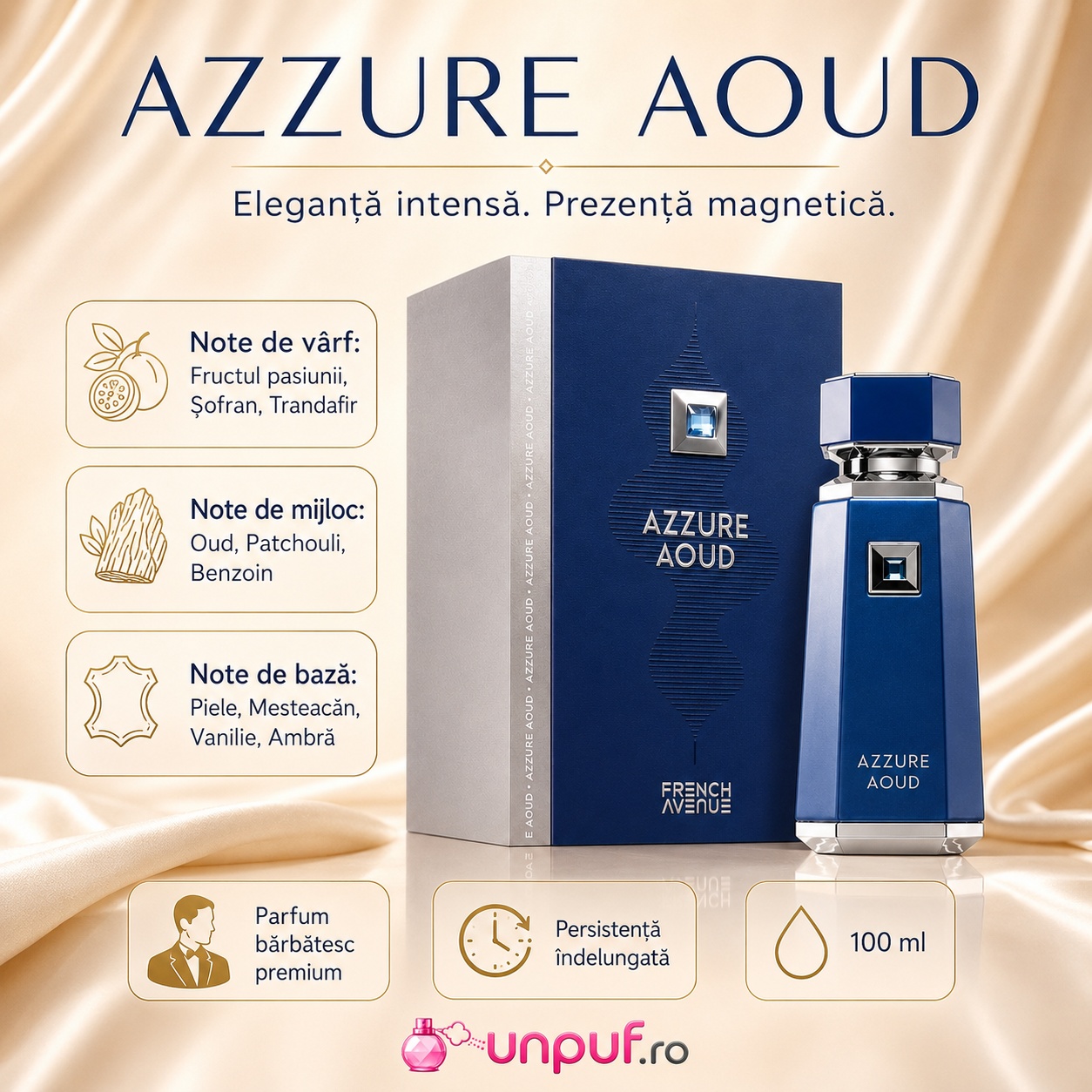 Prezentare parfum Azzure Aoud French Avenue cu detalii premium, sticlă albastră, oud și note sofisticate