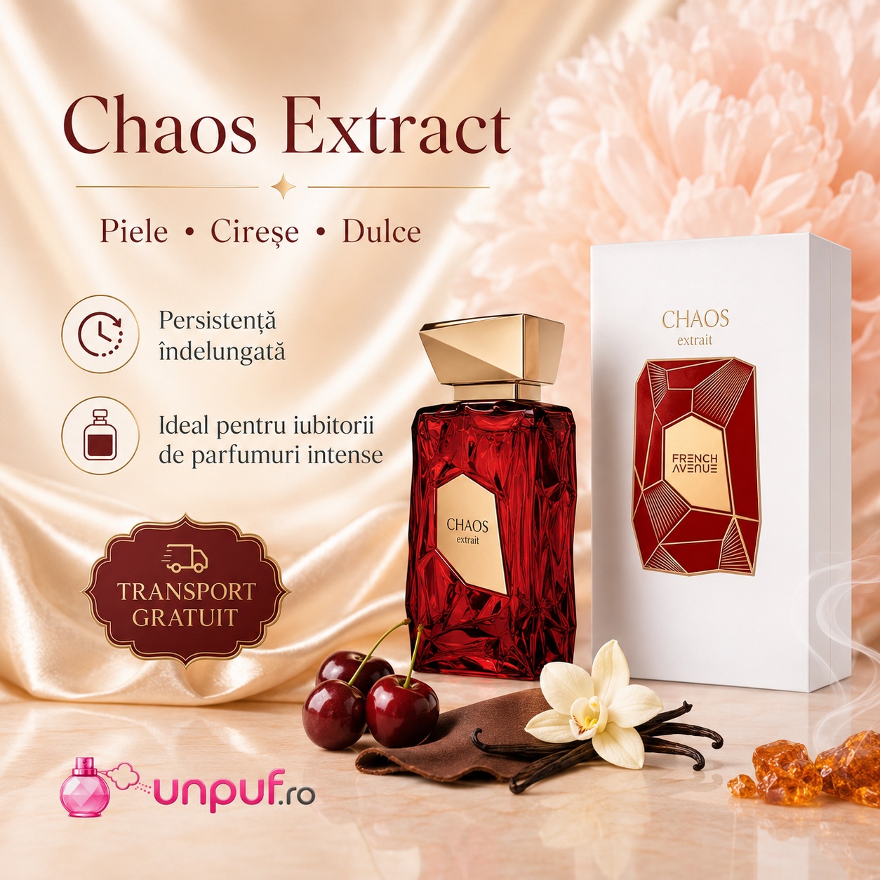 Chaos French Avenue parfum arăbesc premium cu piele, cireșe, dulce, fructat și vanilie