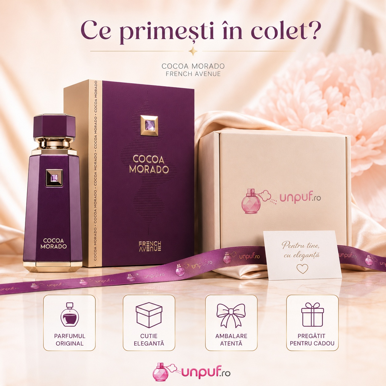 Colet parfum Cocoa Morado French Avenue ambalat cu atenție, cutie originală și card de mulțumire unpuf.ro