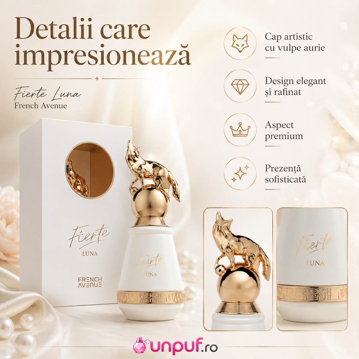 Detalii parfum Fierte Luna French Avenue cu capac artistic cu vulpe aurie, design elegant și aspect premium