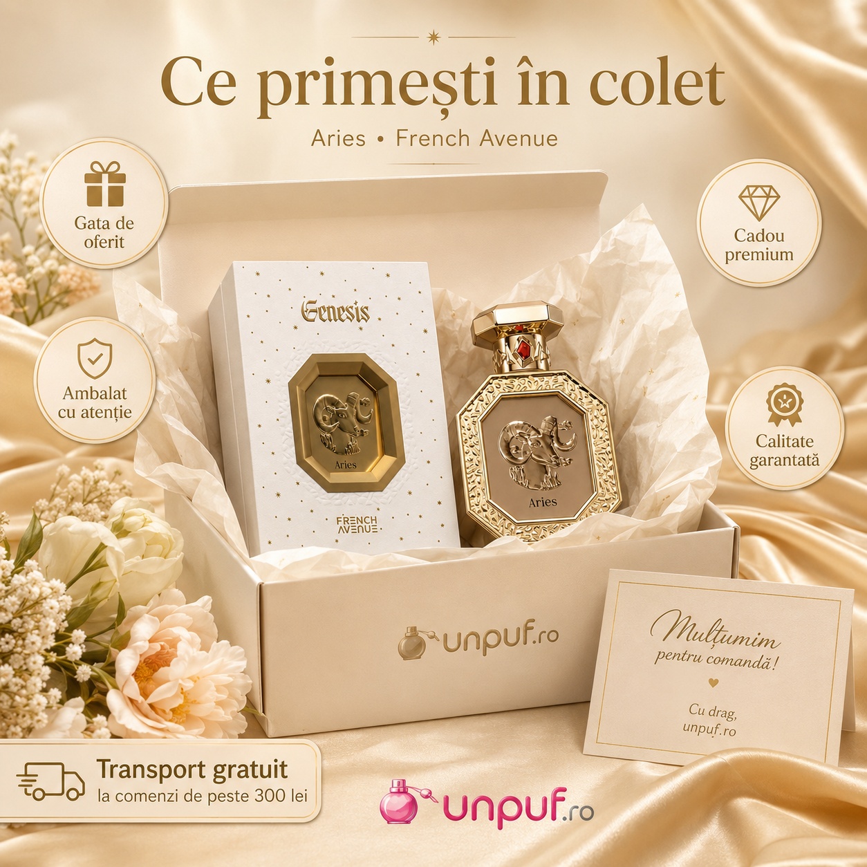 Colet parfum Genesis Aries French Avenue cu sticlă, cutie originală, ambalare atentă și card de mulțumire unpuf.ro