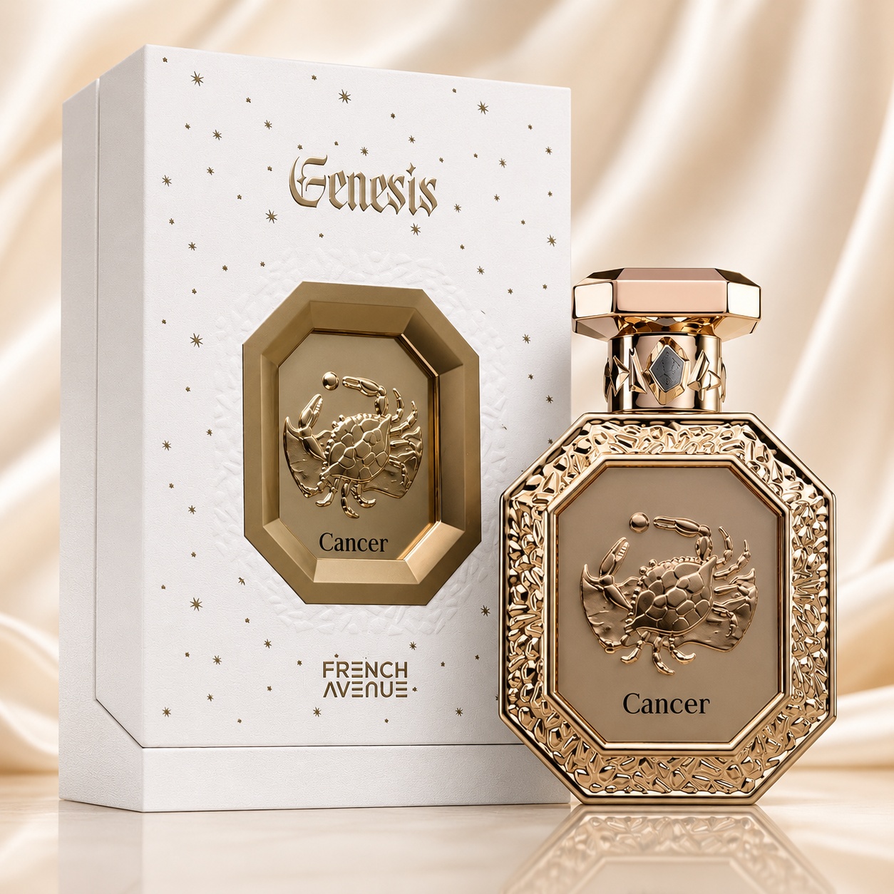 Parfum Arăbesc Genesis Cancer French Avenue 90 ml cu sticlă aurie elegantă și cutie albă premium