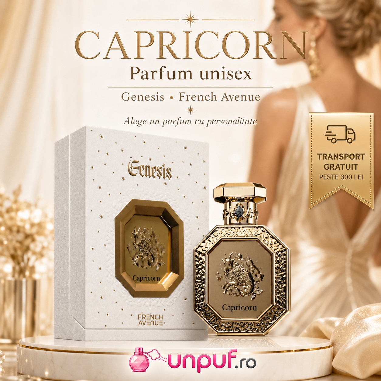 Profil olfactiv Genesis Capricorn French Avenue ambrat, fumuriu, lemnos, vanilat, balsamic și cald condimentat