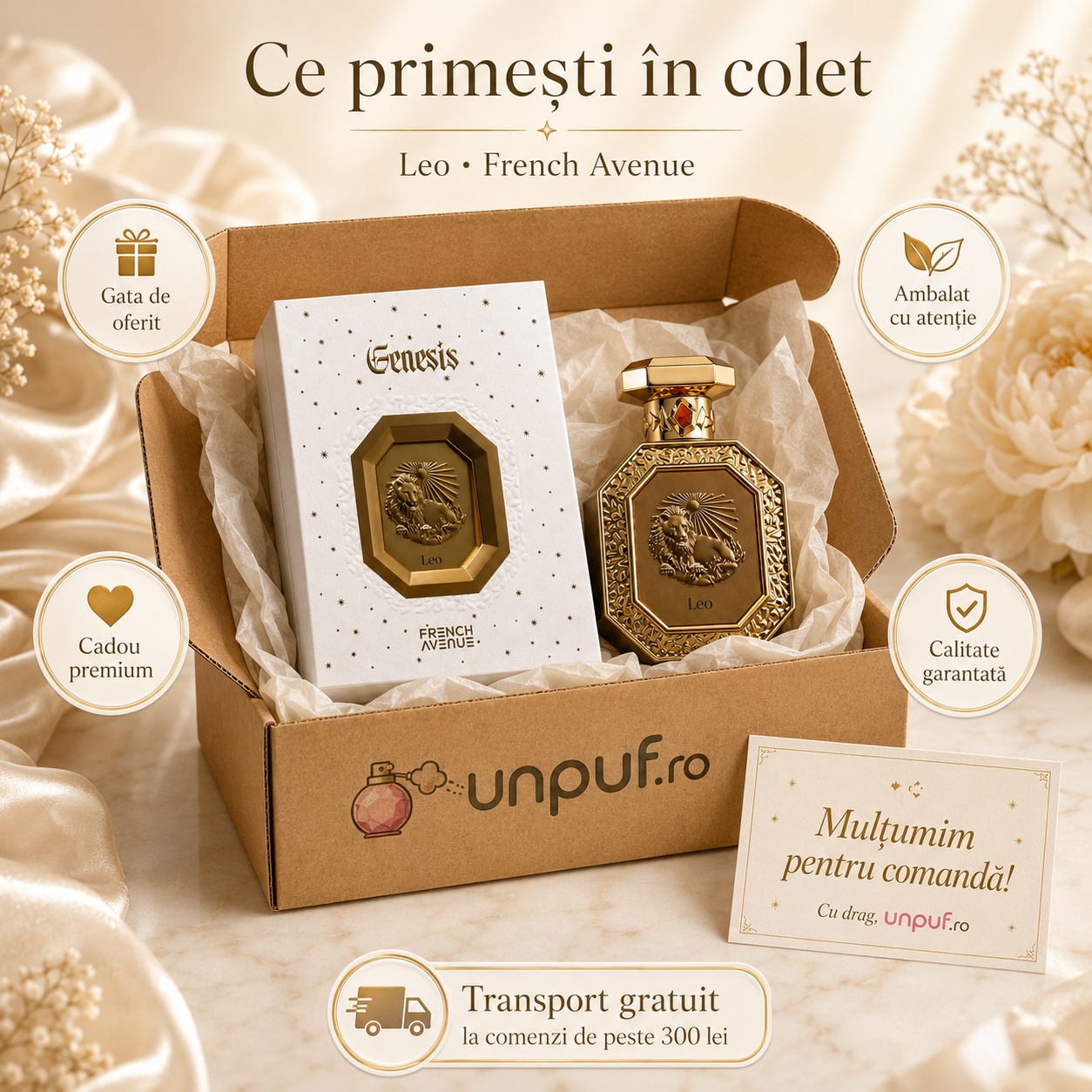 Colet parfum Genesis Leo French Avenue cu sticlă, cutie originală, ambalare atentă și card de mulțumire unpuf.ro