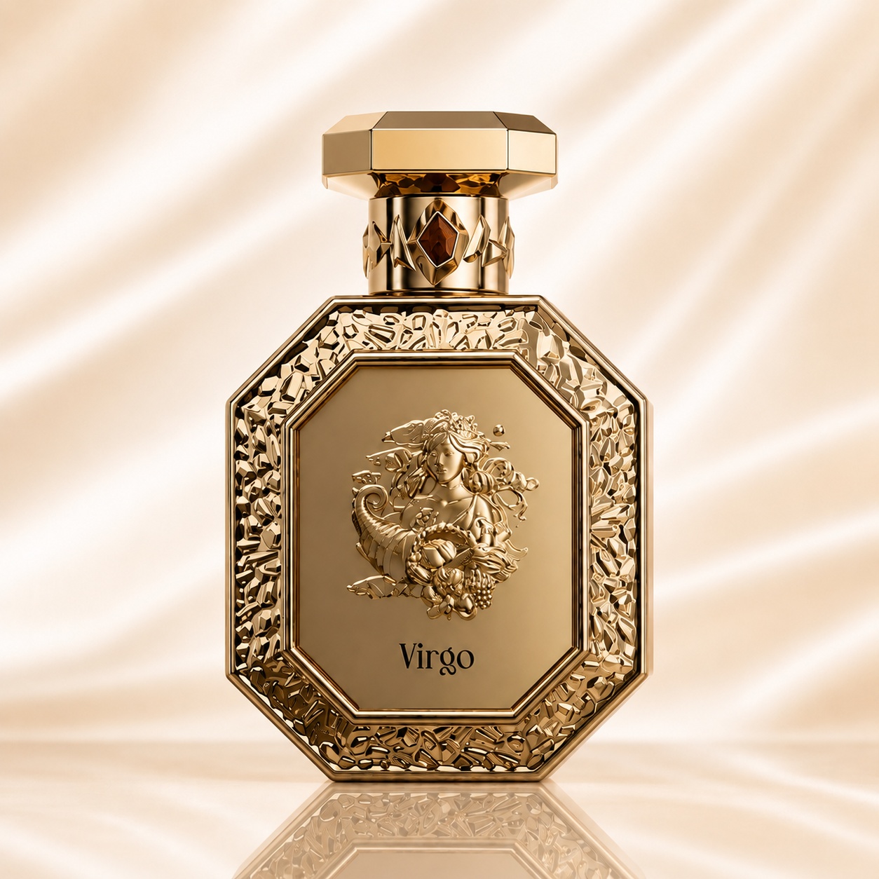 Sticlă parfum Genesis Virgo French Avenue 90 ml pe fundal luminos premium cu satin auriu