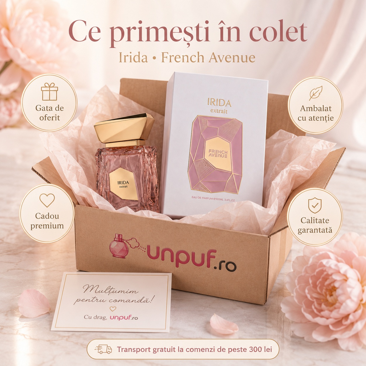 Colet parfum Irida French Avenue cu sticlă, cutie originală, ambalare atentă și card de mulțumire unpuf.ro