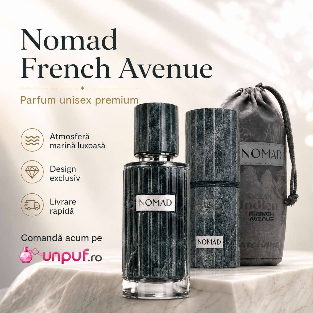 Nomad French Avenue parfum unisex premium cu atmosferă marină luxoasă, design exclusiv și livrare rapidă