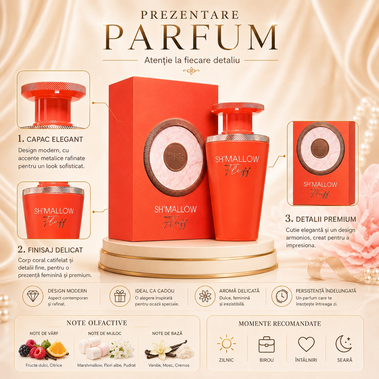 Prezentare parfum Shmallow Fluff French Avenue capac elegant finisaj coral detalii premium note olfactive marshmallow vanilie mosc