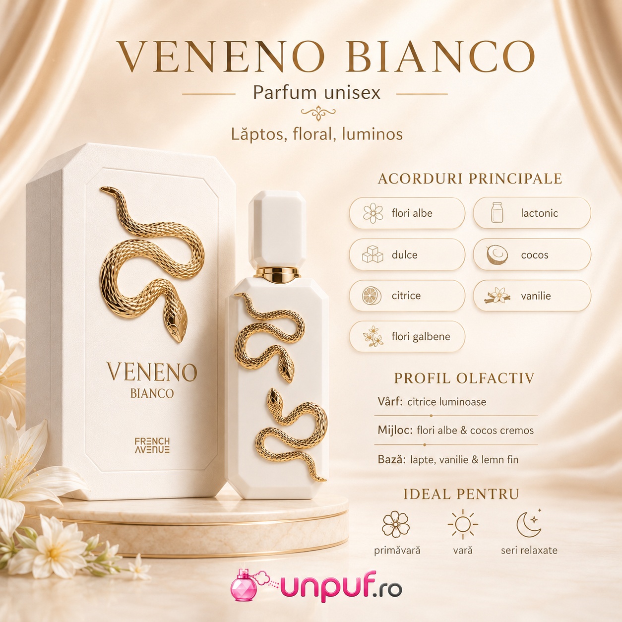 Note olfactive Veneno Bianco flori albe cocos cremos citrice vanilie lapte delicat lemn fin
