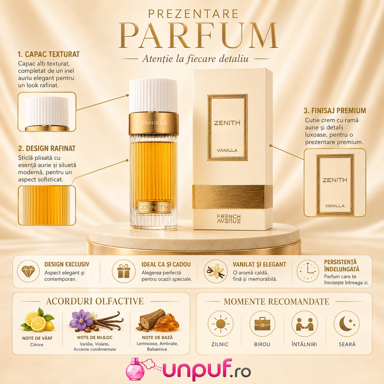 Prezentare French Avenue Zenith Vanilla cu design rafinat, capac texturat, finisaj premium și acorduri olfactive
