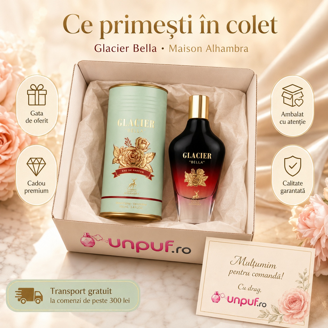 Ce primești &icirc;n colet Glacier Bella Maison Alhambra 100 ml ambalat cu atenție cadou premium unpuf.ro