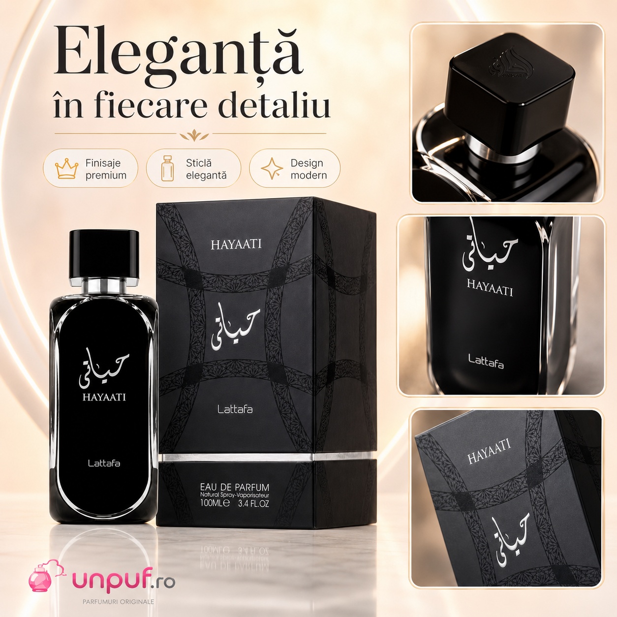 Hayaati Silver Lattafa eleganță &icirc;n fiecare detaliu, finisaje premium, sticlă elegantă și design modern