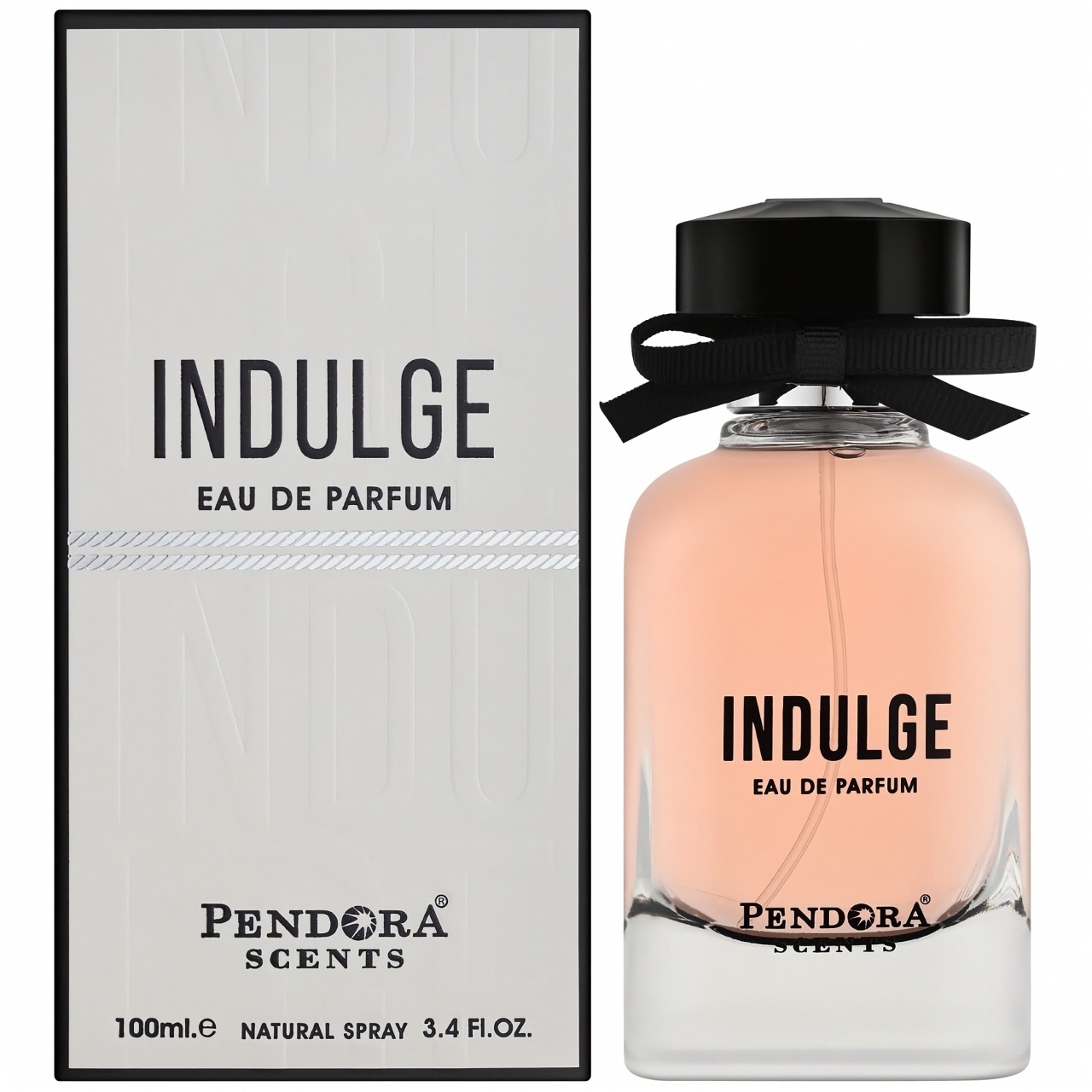 Parfum Indulge Pendora Scents 100 ml cu flacon roz piersică și cutie originală alb negru
