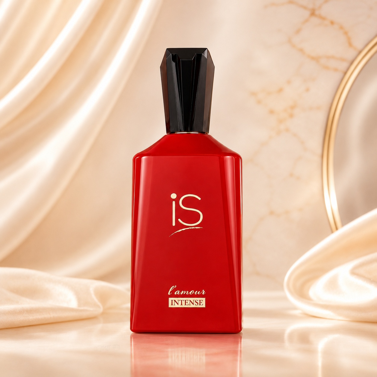 Flacon iS l'Amour Intense Eau de Parfum 75 ml pentru damă cu design roșu și capac negru